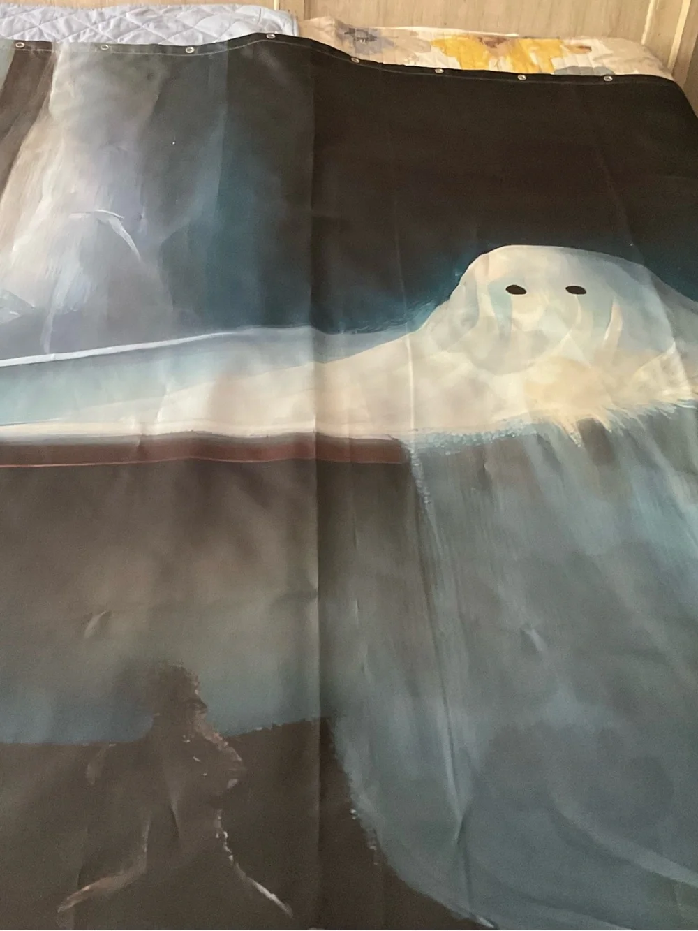 Ghost Shower Curtain in Black and Teal with shower hooks.